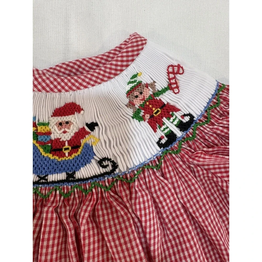 Southern Smocked Holiday Christmas Red/White Dress Santa & Elves Size 6 Months